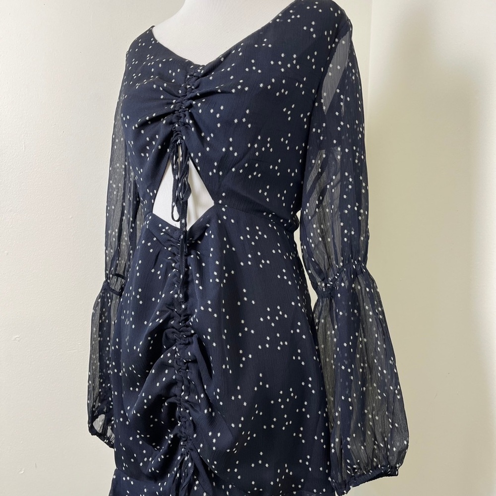 Storia Night Sky Mini Dress | Long Sleeve | Blue | Cutout | Sheer | Small - Picture 2 of 8